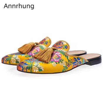 

Fringe Tassels Flat Slippers Men Luxury Satin Sexy Round Toes Embroidery Flower Slip-on Mules Spring 2020 Shoes Man