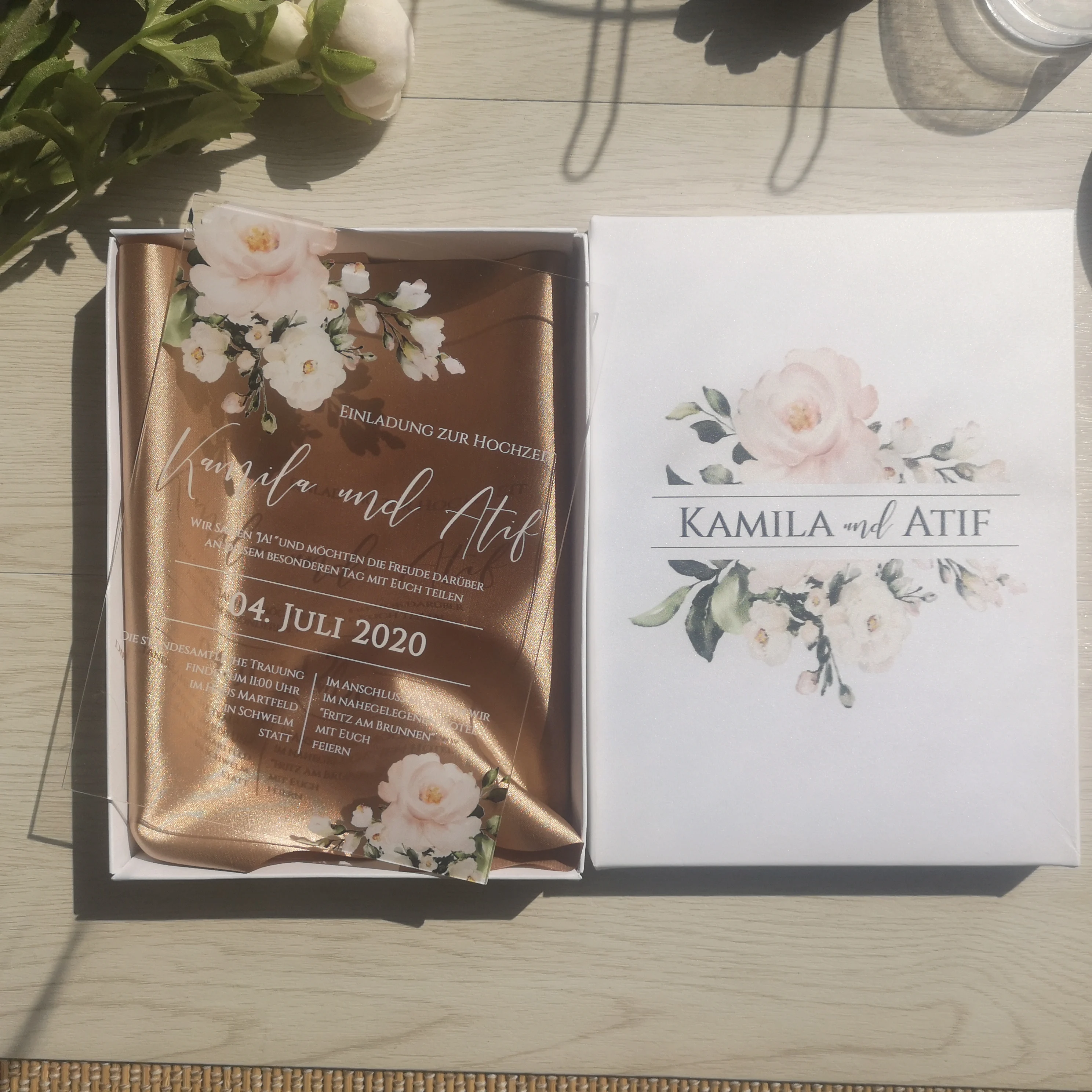 High Quality UV Printing 5pcs Transparent Acrylic Card With Printed Box Custom Acrylic Wedding Invitation Card With Stain Fabric