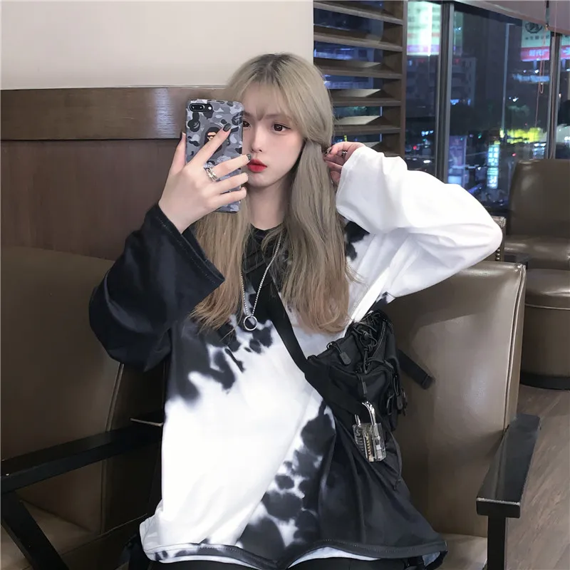 Осень, корейский стиль, для мужчин и женщин, нейтральный стиль BF, уличная одежда, хип-хоп, длинный рукав, негабаритная Студенческая крутая Повседневная футболка