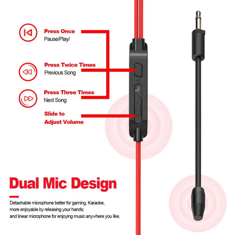 Gaming Headphones Earphones In Ear Earbuds Wired Headphones With Dual Mic Detachable Microphone Compatible With Smartphone