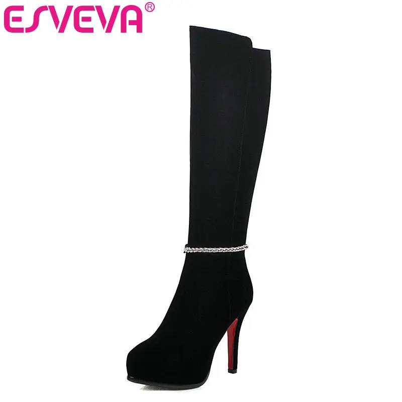 

ESVEVA 2020 Pointed Toe Winter Elegant Shoes Women Knee-high Boots Pointed Toe Thin High Heel Flock Boots Size 34-43