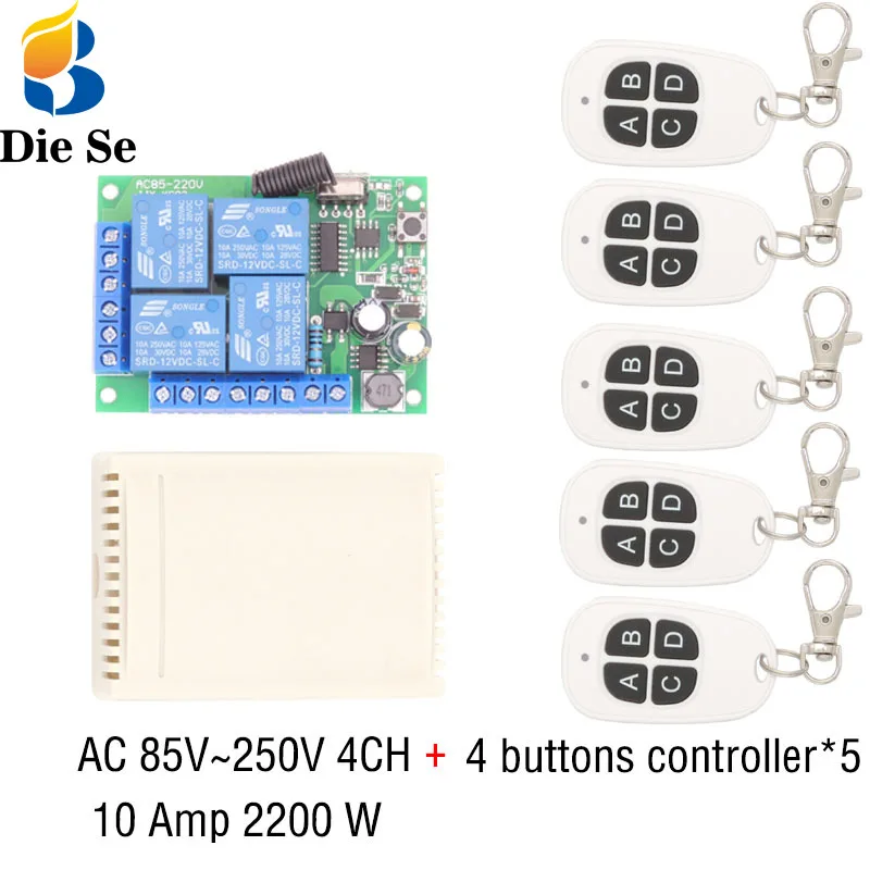 

433MHz Universal Wireless Remote Switch AC 110V 220V 10Amp 2200W 4CH Relay Receiver Module RF Controller for Light/LED opener