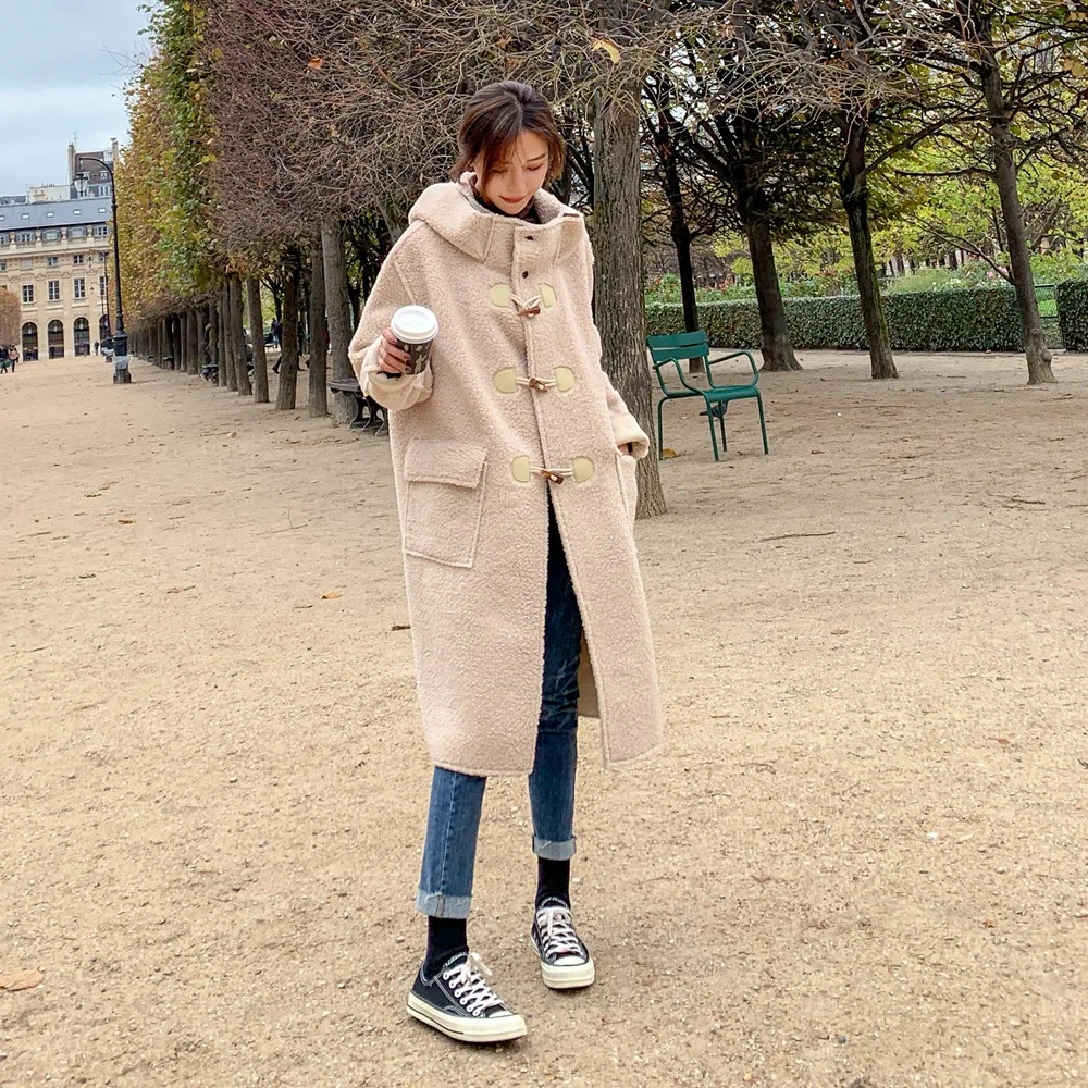 

Photo Shoot Fashion Long Coat 2019 Winter New Style WOMEN'S Dress Retro Laziness-Style Toggle Lambs Wool Long Coat