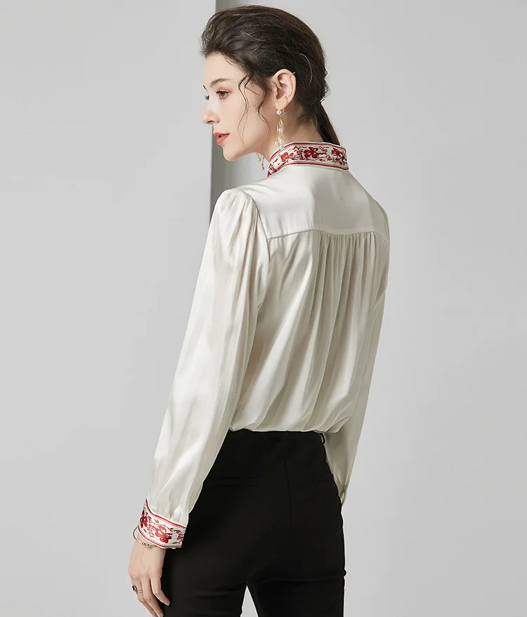 Блуза из чистого шелка в винтажном китайском стиле, роскошная женская рубашка с длинным рукавом, белые офисные женские топы с принтом, воротник с бантом za