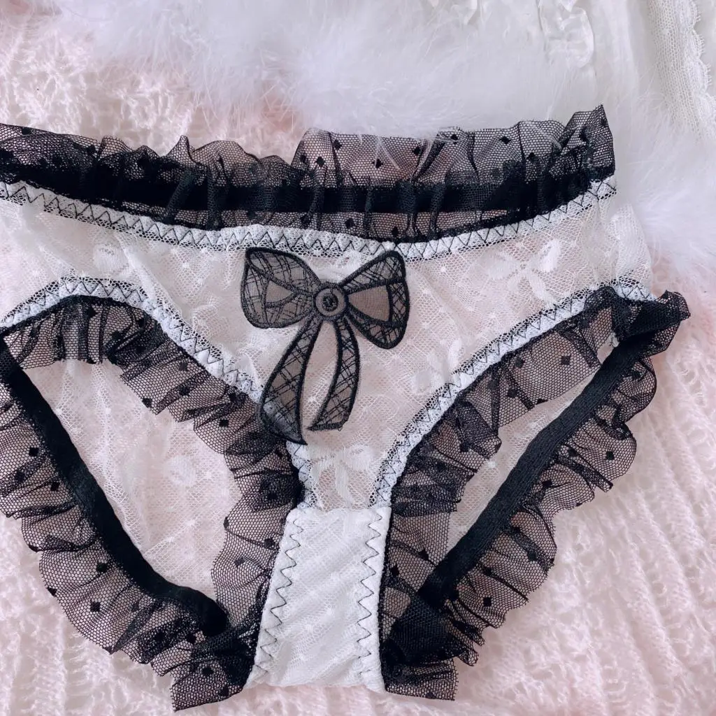 Transparent Lace Underwear Black Bow Polka Dot Sweet Girl Japanese