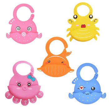 

2 Pcs/Set Cartoon Crab Puffer Fish Octopus Cute Baby Silicone Rice Pocket Soft Adjustable Protable Saliva Bib