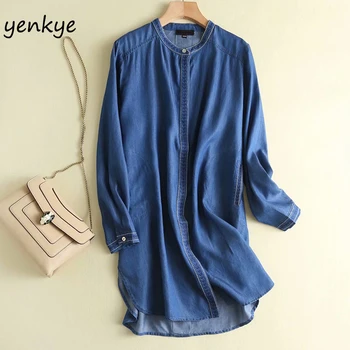 

Summer Casual Dress Women Vintage Blue Denim Dress Long Sleeve Stand Collar Plus Size Dress Short vestido APWM523