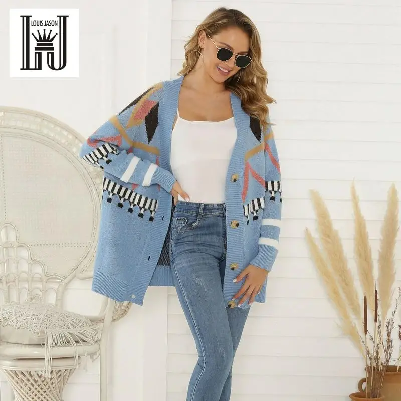 

LOUIS JASON Women Cardigan Sweater Leisure Cardigan V-neck Loose Type Splicing Sweaters Long-sleeved Cardigan Female Knit Coats