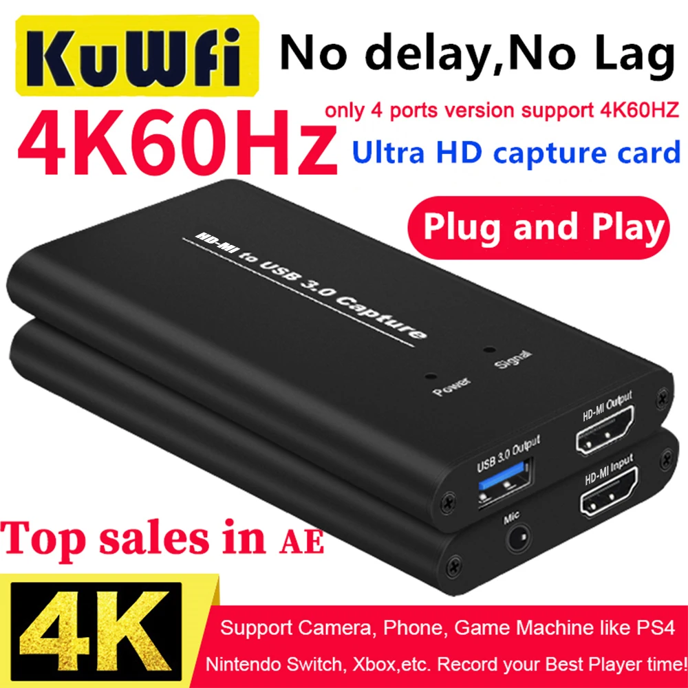 Kuwfi-USB 3.0 HDMIビデオキャプチャ,4k 60hz,HDMI to  USBビデオキャプチャ,ドングル,ゲーム,ライブストリーミング,マイク入力付き
