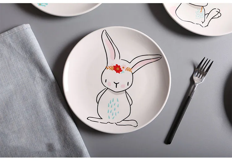 4Pcs Cute Cartoon Rabbit Ceramic Plate Cake Dinner Dish Creative Bone Porcelain Cattle Drainage Fruit Plate Dessert Dish