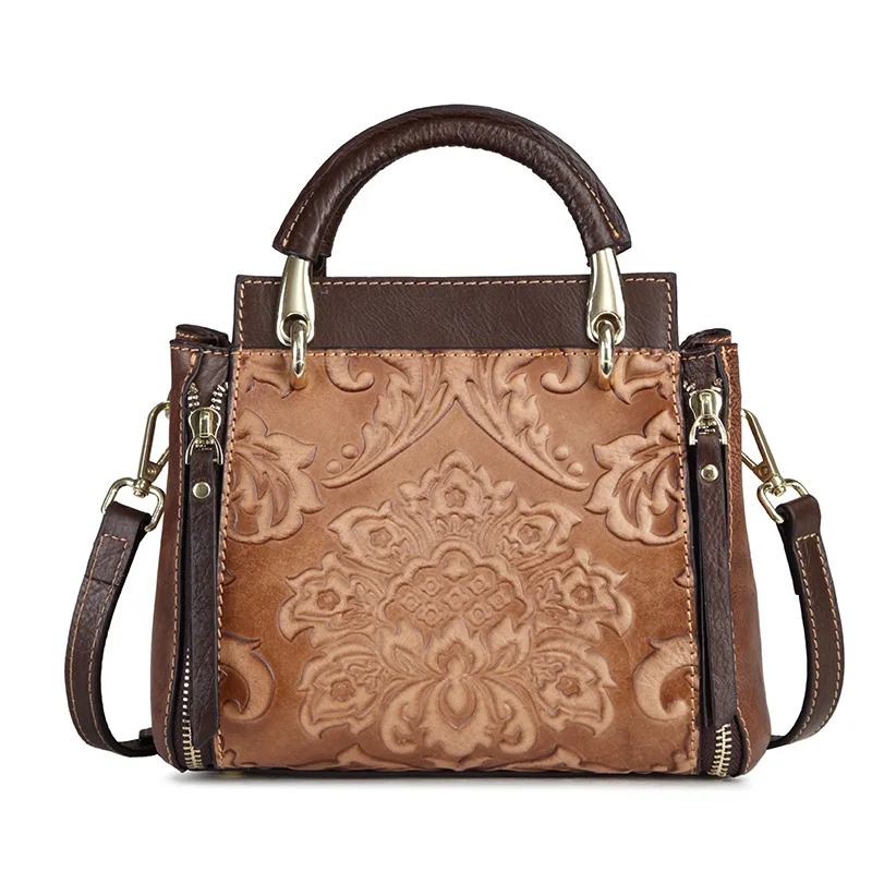 Женская сумка-мешок из натуральной кожи, винтажная сумка для отдыха, маленькая сумка через плечо с клапаном, многослойная тисненая женская сумка-тоут на плечо