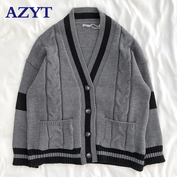 

AZYT Vintage Thicken Stripe Patchwork V Neck Sweater female Cardigan 2020 Spring Knit Jacket Open Stitch Button Up Loose Jumpers