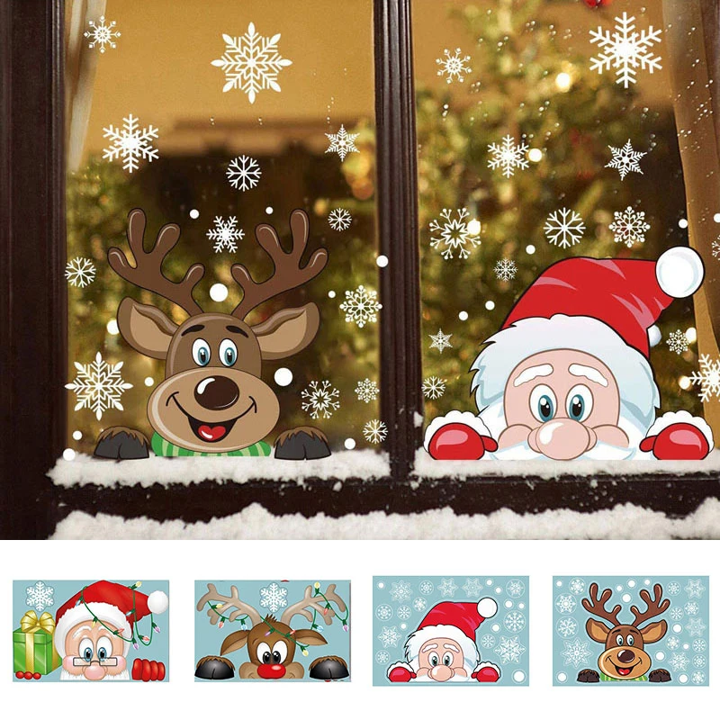 Santa Elk Christmas PVC Static Sticker Beautify Home Windows Large Snow Flake Wall Sticker New Year party decoration