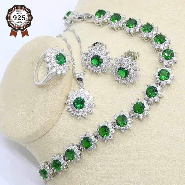 Цветок форма зеленый белый циркон набор украшений из серебра 925-й пробы для женщин браслет шпилька серьга, ожерелье, подвеска подарочные коробки для колец - Окраска металла: 4pcs