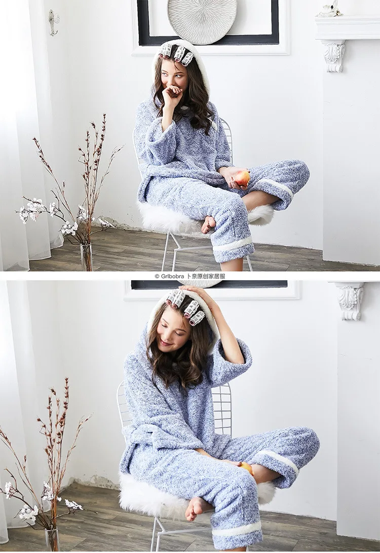 Bonai/Зимний стильный Теплый Бархатный пуловер с капюшоном и заячьими ушками, shu mian пижама из двух предметов женский модный спортивный костюм в Корейском стиле