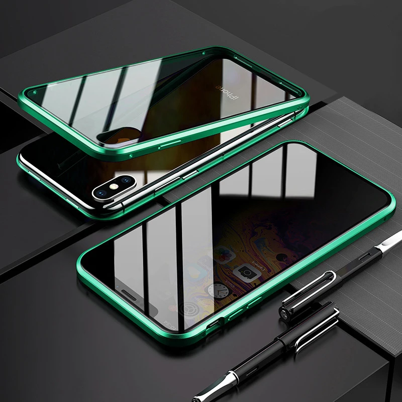 Green Металлический чехол для телефона, двухстороннее стекло, магнитный, Quakeproof, защита от падения, чехол для iPhone 11 Pro Max X XR XS 7 8 Plus - Цвет: Green
