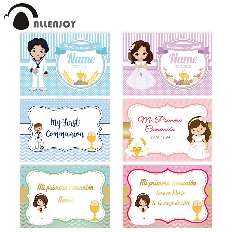 Allenjoy First Holy Communion Backdrop Boy Girl Dots Stripes Party Background Banner Photocall Photography Decoration Vinyl