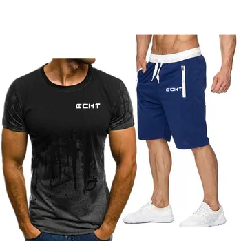

2020 summer pocket zipper suit 2 men's suits men's sportswear suit fitness summer printed men's shorts + t-shirt men's suit