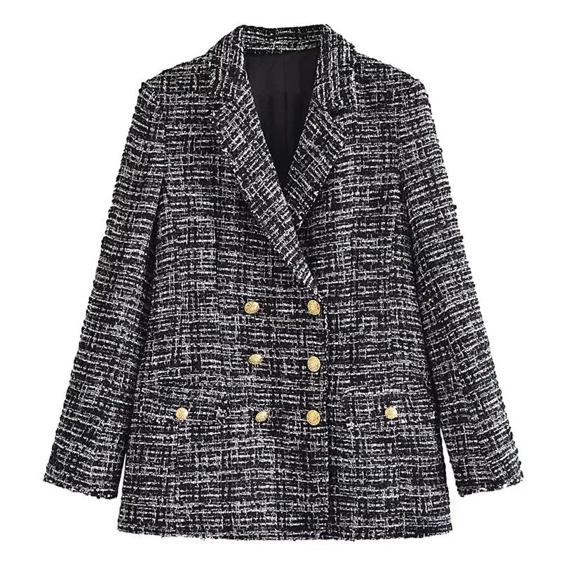 white short suit set TRAF Blue Pink Blazer Women Double Breasted Long Sleeve Jacket Woman Winter 2021 Fitted Coat Tweed Elegant Female Blazer womens suit set