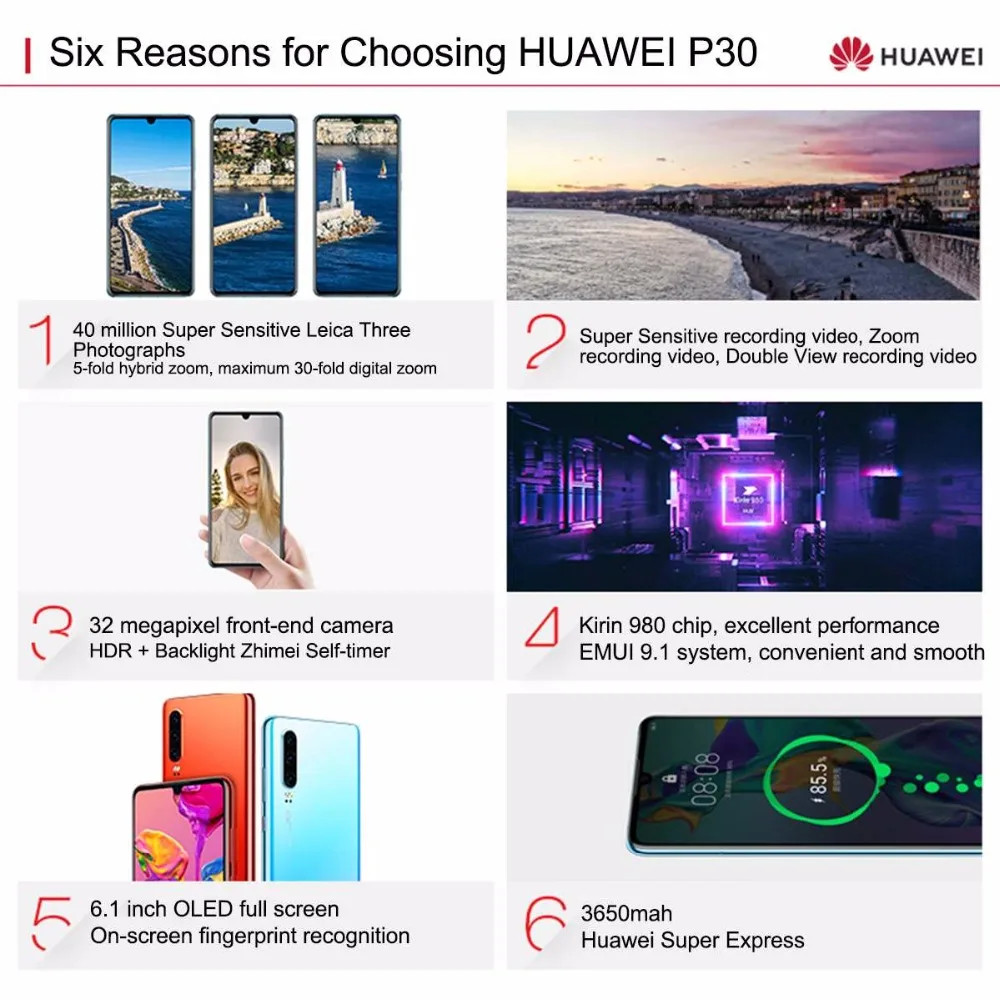 Мобильный телефон HuaWei P30 Kirin 980 Android 9,1 6," ips 2340X1080 8 Гб ram 256 ГБ rom 40.0MP NFC отпечаток пальца IP53