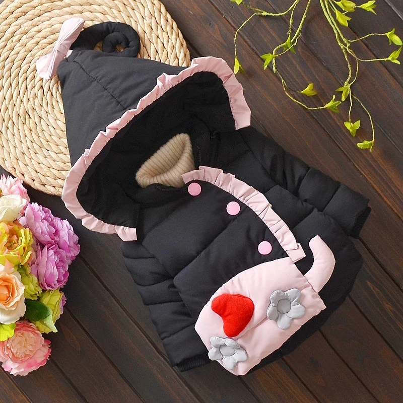 Зимние теплые пуховики для девочек детская модная плотная верхняя одежда в горошек одежда для детей милая осенняя куртка для маленьких девочек пальто с капюшоном - Цвет: black