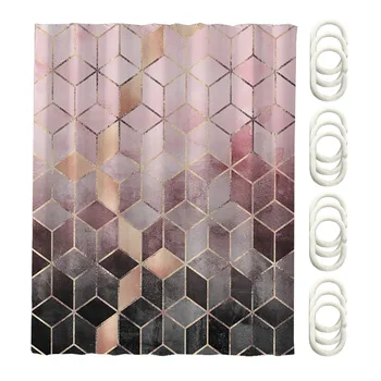 

Ombre Drape Bath Decor Hanging Geometric Grid Digital Printing Easy Install Shower Curtain With C Rings Waterproof Polyester