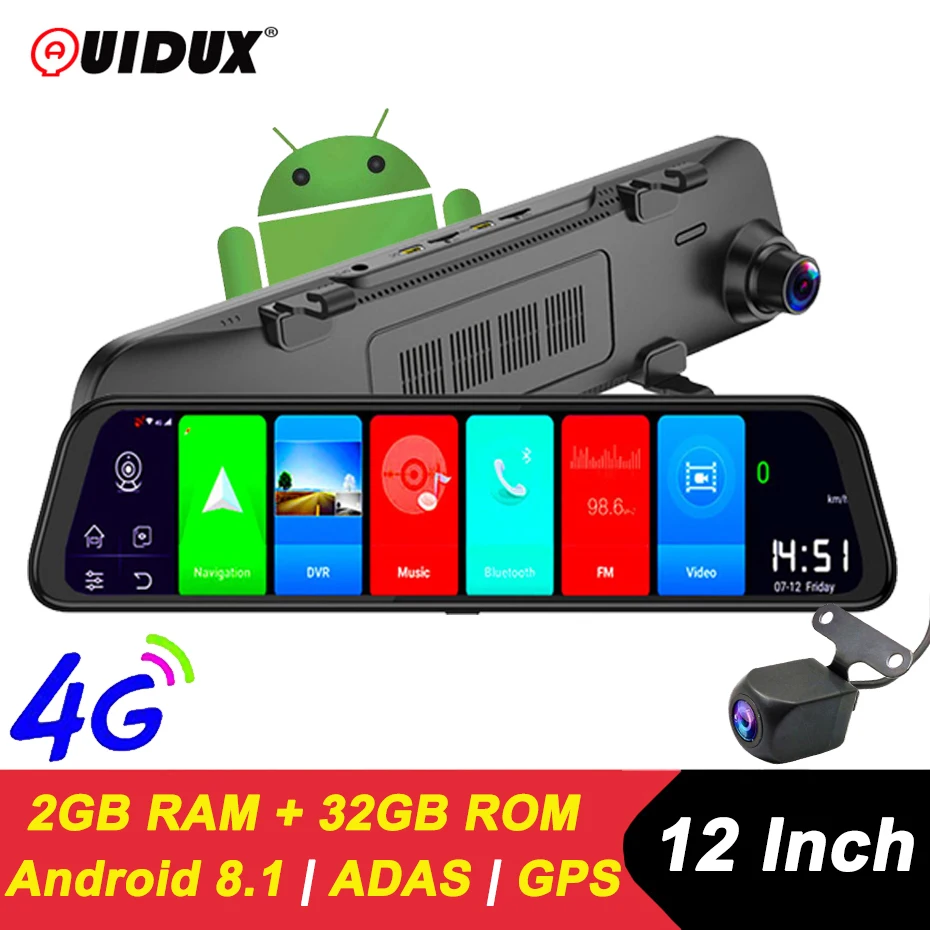 QUIDUX 4G Android 8 1 Dash Камера 12 дюймовое зеркало заднего вида с GPS навигации Full HD 1080P