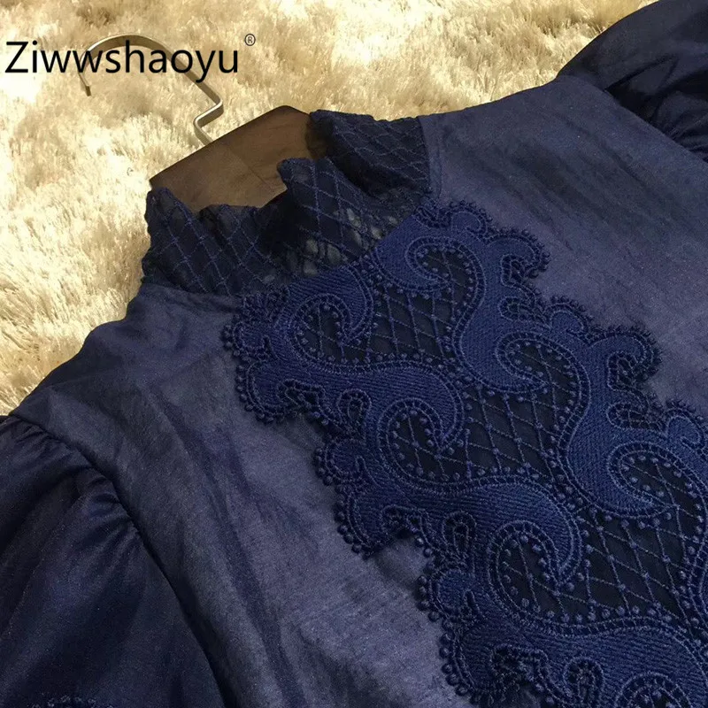 Ziwwshaoyu, весна-лето, высокое качество, открытая вышивка, стоячий воротник, рукав-фонарик, Элегантные Синие Длинные платья для женщин