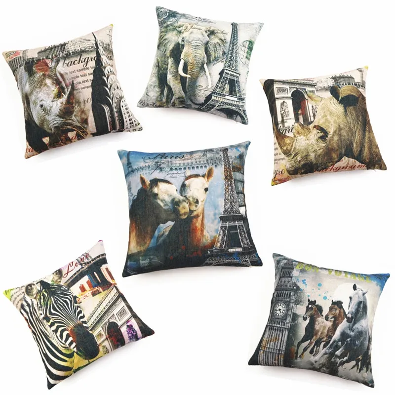 

Factory custom cotton and linen new animal building digital printing pillowcase cushion cove