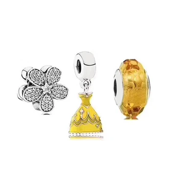 

NEW 100% 925 Sterling Silver 1:1 Original Daisy Charm Golden Flashing Glass Beads Princess Dress Pendant Set Gift Jewelry