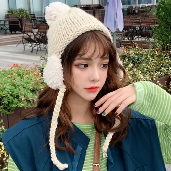 

H7750 Women Knitted Beanie Hat Female Ear Protection Autumn Winter Korean Sweet Cute Skullies Cap Girl Student High Quality Hats
