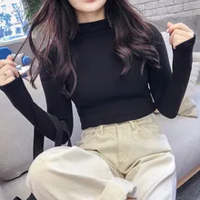 Футболка большого размера, Осень-зима, Женский однотонный пуловер с длинным рукавом, водолазка, вельветовые базовые Топы, женская одежда, футболка Femme