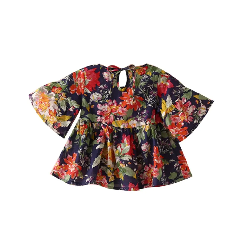 Summer Baby Kids Girls hirt Short Sleeve Trumpet Sleeve T-shirt Floral Printing Fashion Vintage Children Top Shirt Clothes