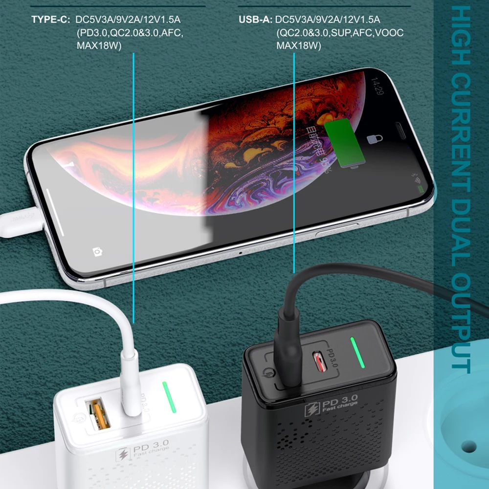 Быстрое зарядное устройство Dpower 18 Вт USB PD20W Quick Charge 3 0 Type C адаптер для телефона