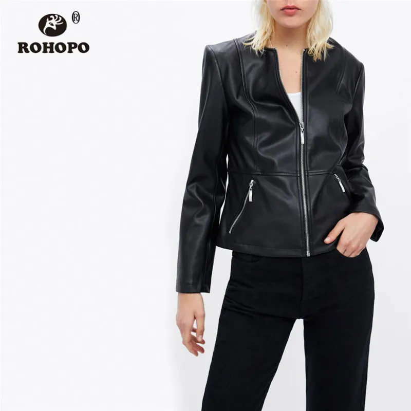 

ROHOPO Round Collar Zipper fly Flared Hem PU Leather Bomber Jacket Side Pockets with zipper Closure Black Leather Outwear #9293