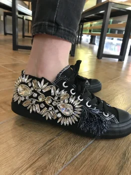 

Hand sewn original shallow mouth low bond single shoes Water Diamond Gemstone pure black strap student leisure Korean canvas