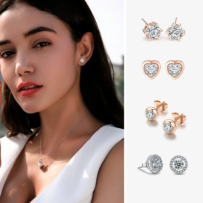 

Exquisite Princess Colour Crystal Stud Earrings Bridal Wedding Engagement Jewelry Round Heart Zircon Earrings Fine Jewelry