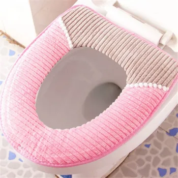 

Corduroy Toilet Seat Padded Autumn Winter Warm PU Waterproof Toilet Cover Plush Thick Sticky Button Stripe Seat Cushion