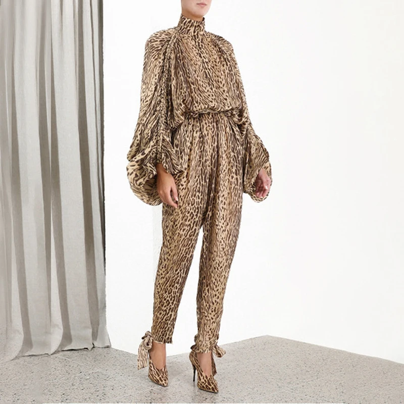 

2019 Autumn Runway Leopard Woman 2 Piece Sets Puff Sleeve Lace Up Shirts High Waist Long Pants Two Piece Pants Sets