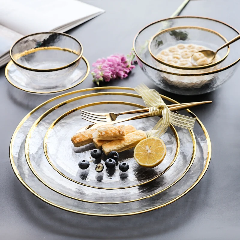 Дропшиппинг Золотая инкрустация столовая посуда тарелка сервировочная стеклянная закуска десерт блюдо торт тарелка подарок набор столовых приборов столовые приборы Корейская кухня