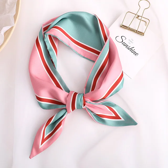 Sweet Love Print Women Small Silk Scarf Handle Bag Ribbons Female Head Scarves Sharp angle Green 90*10cm 21