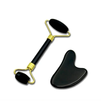 

Natural Obsidian Massage Roller Double Head Jade Stone Facial Massage Roller Guasha Set Tool Gold