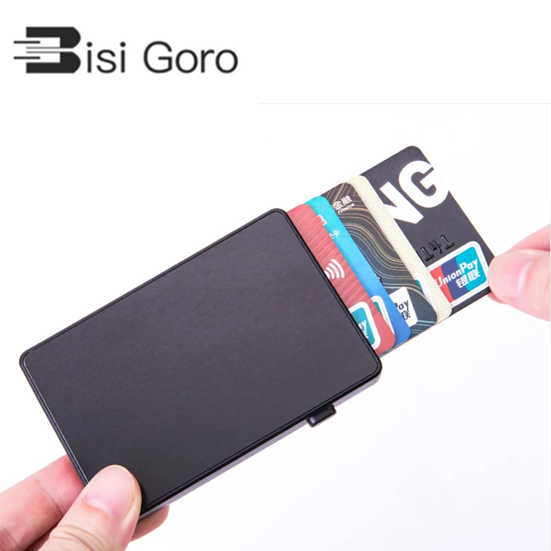 

BISI GORO Slim Card Holder RFID Fashion Clutch Pop-up Push Button Anti-theft Aluminum Single Box Smart Wallet New Name Card Case