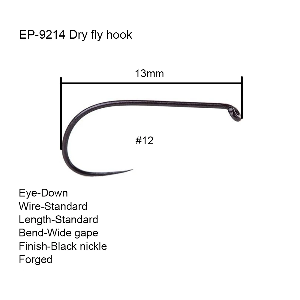 Eupheng Plus, 25 шт., 50 шт., EP-9214, вниз, глаз, Стандартный, тонкий, для соревнований, крючки для мух, без колючки, сухие, черные, никелированные, рыболовные крючки для мух
