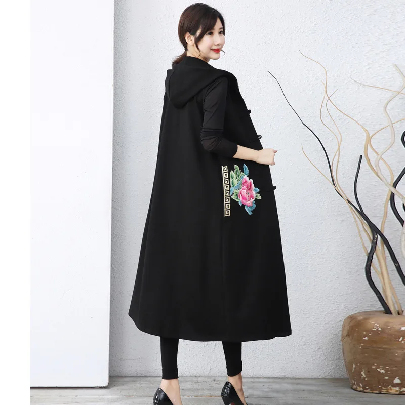 Best Price Luo Cai Autumn And Winter New Style Yunnan Cotton Linen Long Cardigan Hooded Vest Ethnic-Style WOMEN'S Dress Retro Embroidery Lo