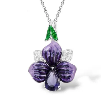 

Elegant Petal Handmade Enamel Silver Pendant Necklace for Women Charm Noble Purple Flower Zircon Clavicle Chain Wedding Necklace