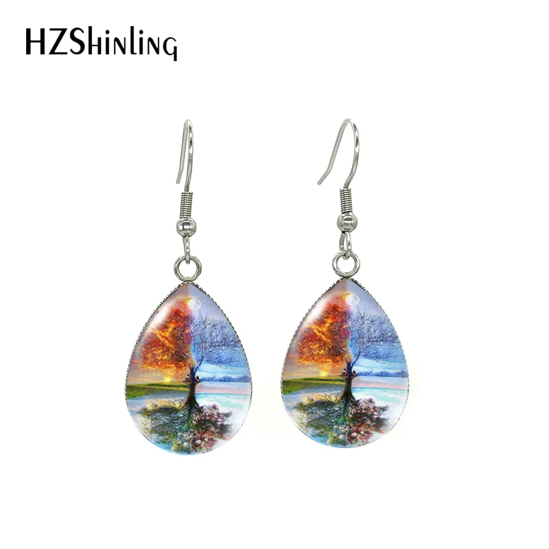 Oil painting beauty scenery print tear drop dangle earrings handmade