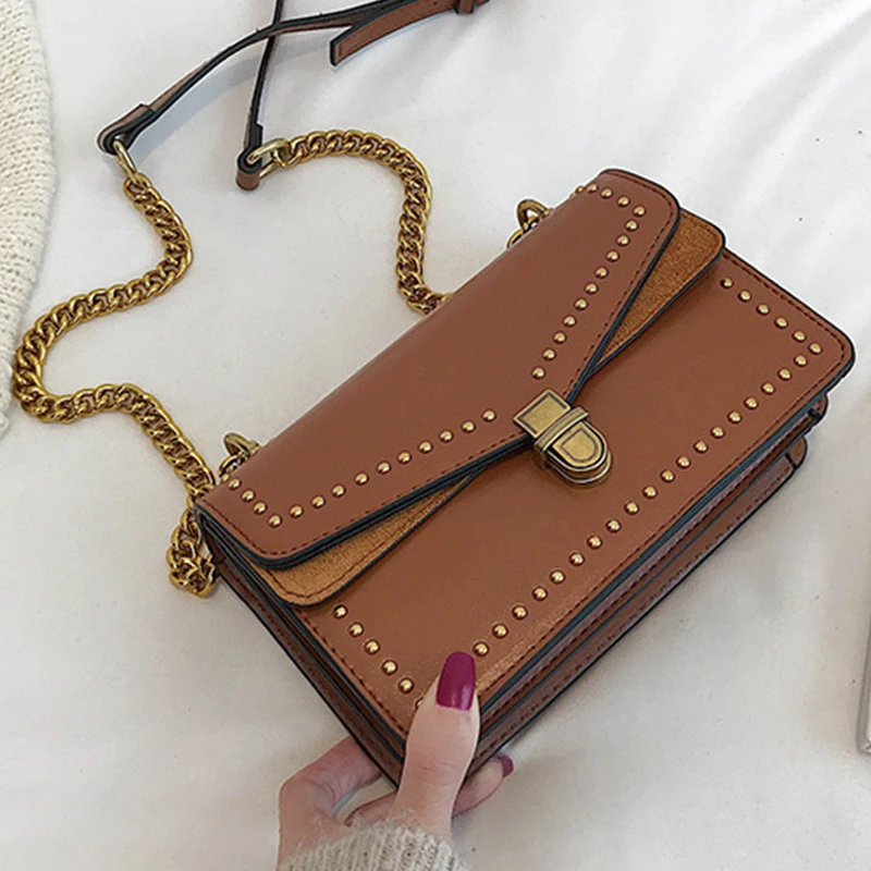 

Fashion PU Leather Crossbody Bags For Women 2019 Rivets chain Mini Shoulder Messenger Bag Lady Travel Handbags and Purses
