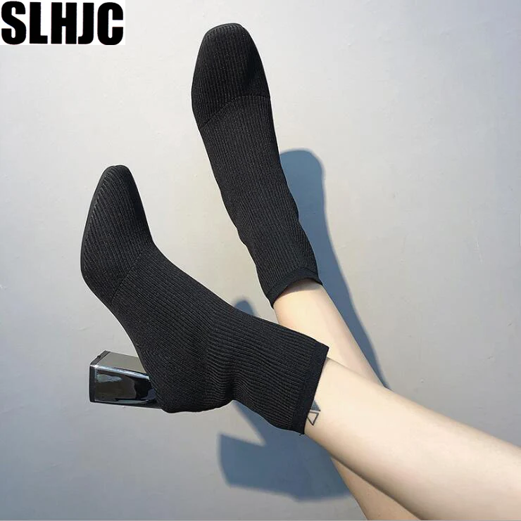 

SLHJC 2019 Autumn Winter Sock Boots Square Toe Knit Stretch Fabric High Heel Mid Calf Pumps Shoes 7 cm Metal Heel