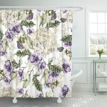 

Colorful Pattern Bright Watercolor Flowers Anemones and Hydrangea Purple Shower Curtain Waterproof Polyester Fabric 60 x 72 Inch